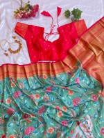 Aqua Green And Pink Soft Handloom Banarasi Silk Saree